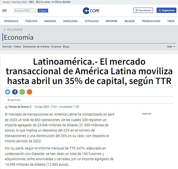 Latinoamrica.- El mercado transaccional de Amrica Latina moviliza hasta abril un 35% de capital, segn TTR